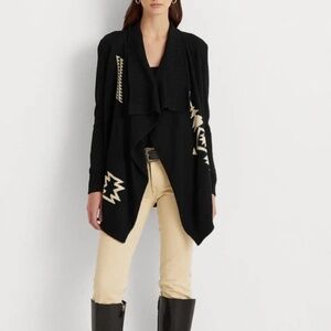 Lauren Ralph Lauren Women Polo Black Cotton-Linen Open-Front Cardigan Sz L  NWT